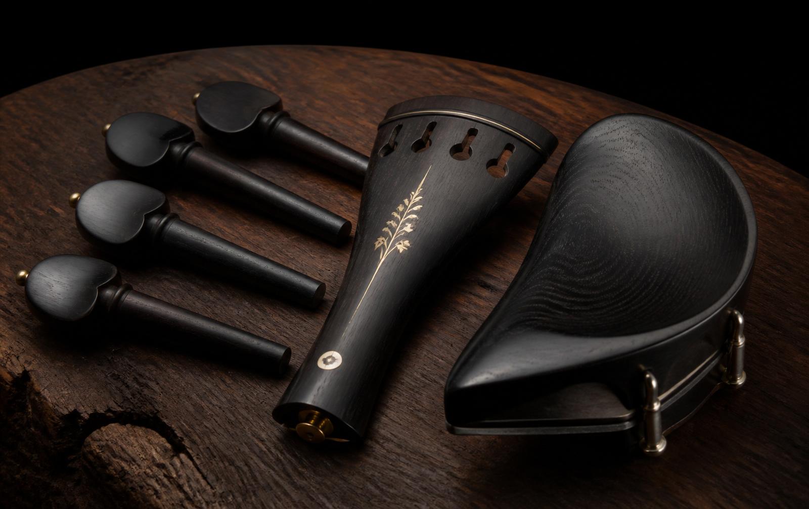 Ebony violin fittings on walnut