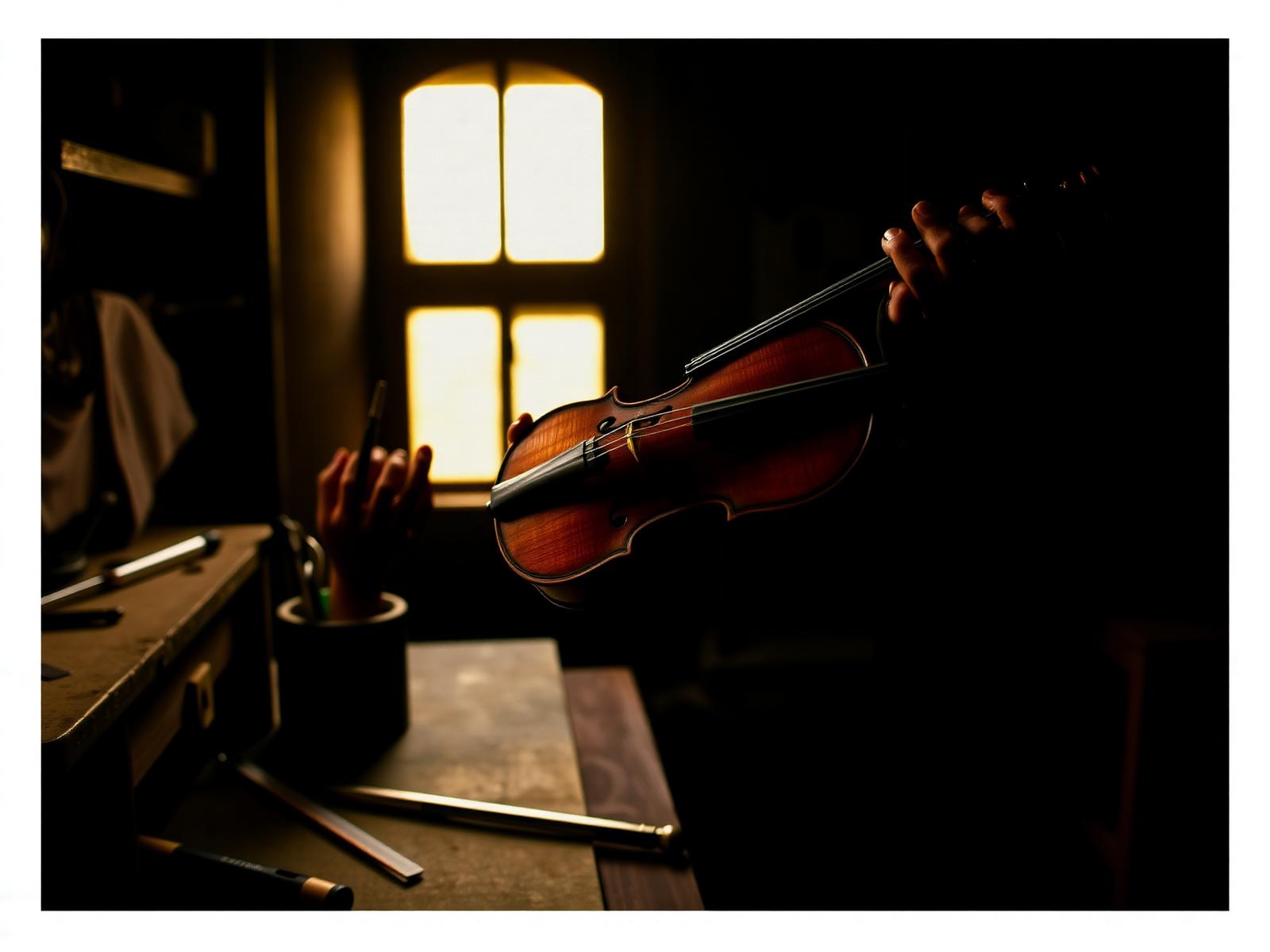 Luthier at the Geeta Exports workshop bench in Kolkata